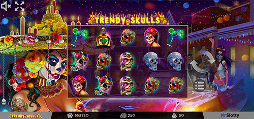The “Trendy Skulls” MrSlotty slot features a 3x5 layout and 25 pay lines