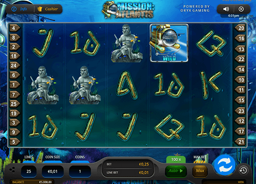 The “Mission: Atlantis” is a 5x3 layout slot with 25 pay lines by Oryx Gaming