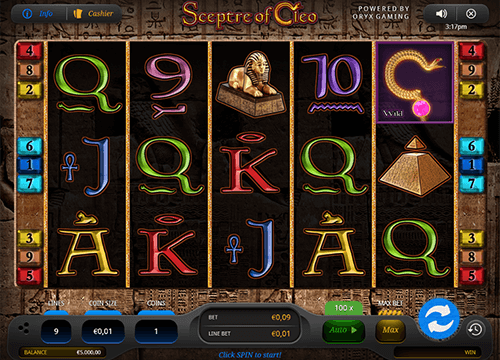 The “Sceptre of Cleo” is a 5x3 layout slot with 9 paylines by Oryx Gaming