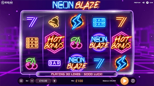 “Neon Blaze” is a slot by Revolver Gaming with 30 fixed pay lines
